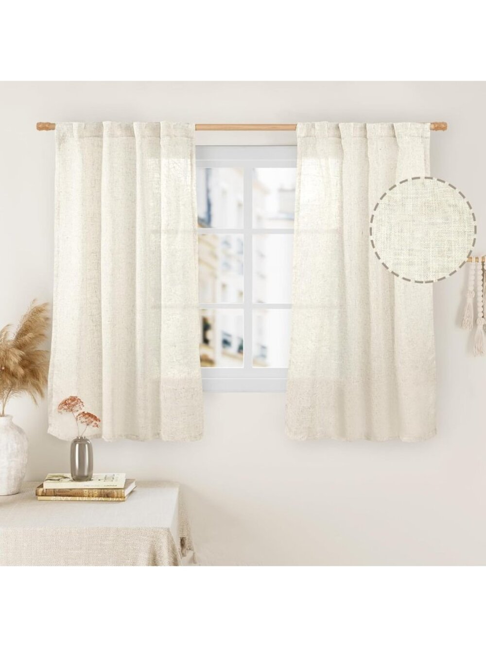 Semi Sheer 48 Inch Linen Curtains for Cafe 2 Panels, Cream Ivory Light Filtering